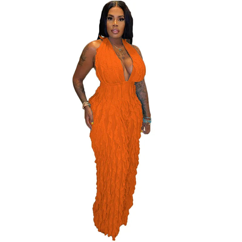 CM.YAYA Fashion Ruffles Women Halter Deep V-neck Backless Wide Leg Jumpsuit 2023 Sleeveless Chic Playsuit One Piece Suit Romper Orange