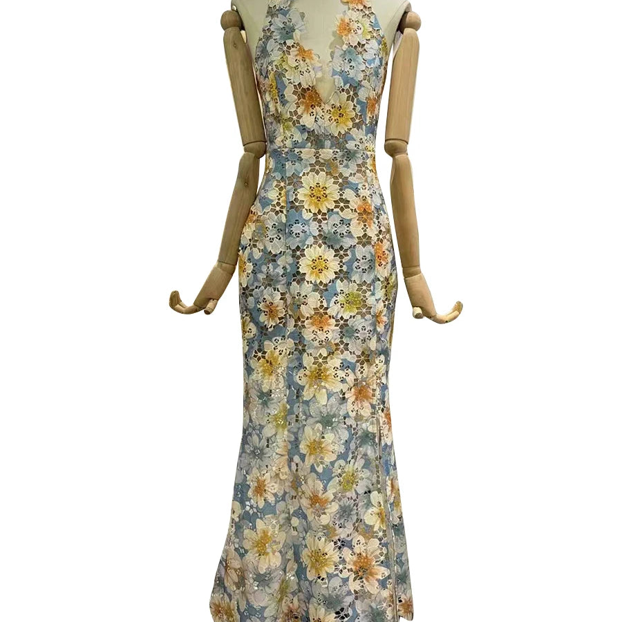 Colorblock Hollow Out Spliced Printing Elegant Dresses for Women Halter Neck Sleeveless Split Dress Female Fashion PRINT