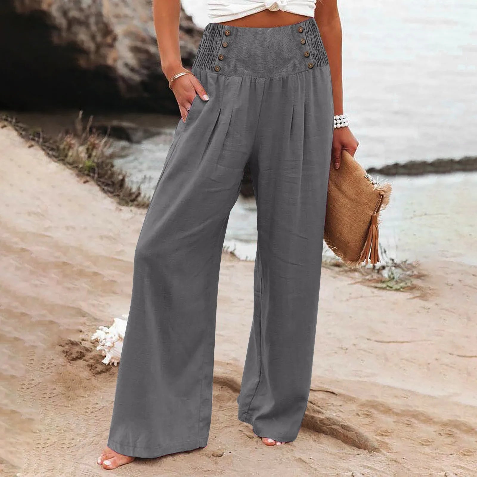 Summer Cotton Linen Wide Leg Pants Women Loose Palazzo Pant Pocket Elastic Waist Button Casual Pants Gray