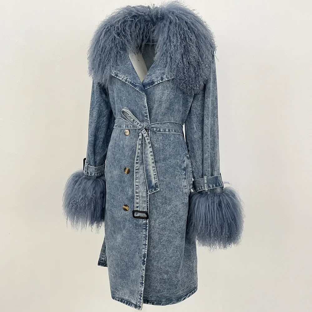 Fur Coats Woman Long Sleeve Tops for Woman Korean Dongdaemun High Quality Clothing Long Viking Woman Real Fur Coats Woman 2025 denim small fur cuff