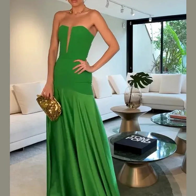 Elegant Green Patchwork Satin Long Dresses Women Fashion Off Shoulder Cut Out Pleated A-line Robe Lady Party Dresses 2025 Summer Mint