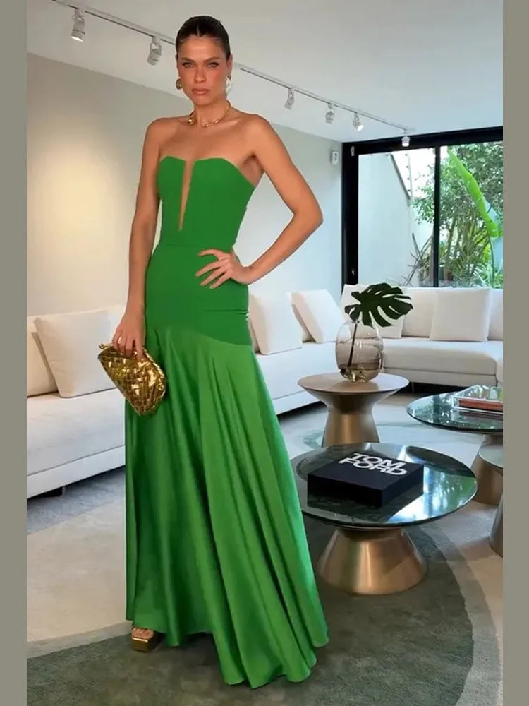 Elegant Green Patchwork Satin Long Dresses Women Fashion Off Shoulder Cut Out Pleated A-line Robe Lady Party Dresses 2025 Summer Mint