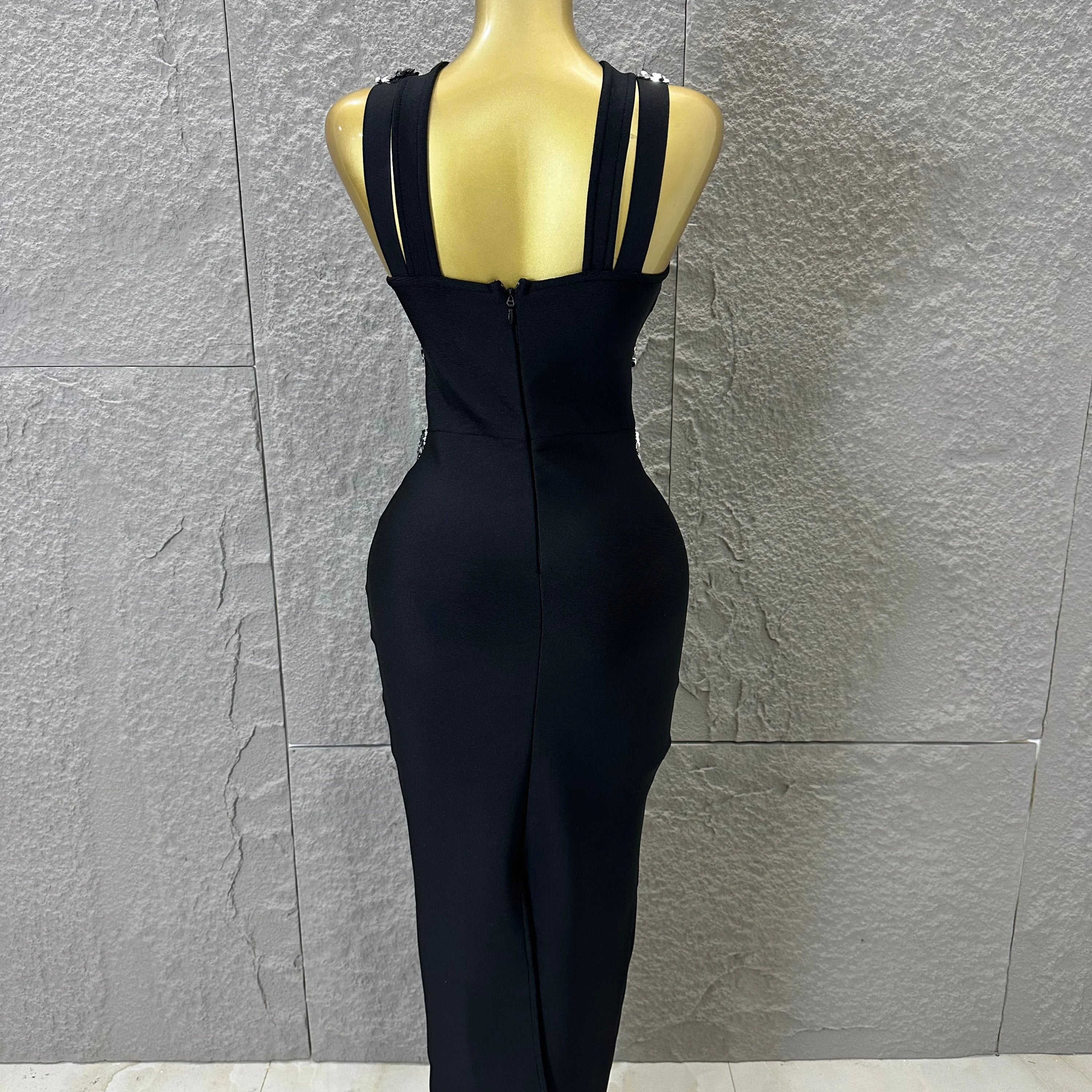 Elegant Black Halter Neck Maxi Dress Women Sexy Crisscross Crystal Embellished Sheer Mesh Cutout Waist Form-Fitting Outfit