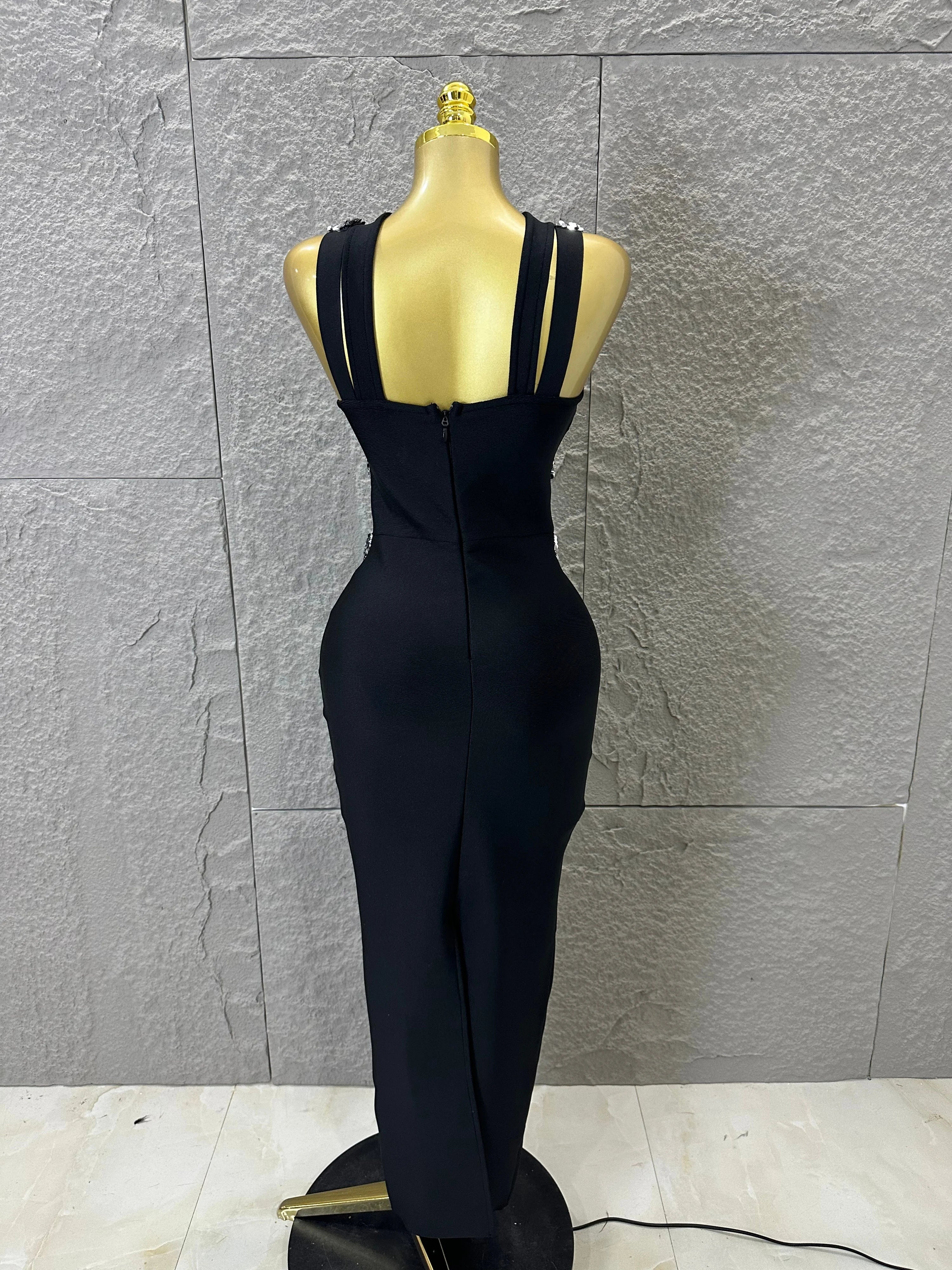 Elegant Black Halter Neck Maxi Dress Women Sexy Crisscross Crystal Embellished Sheer Mesh Cutout Waist Form-Fitting Outfit