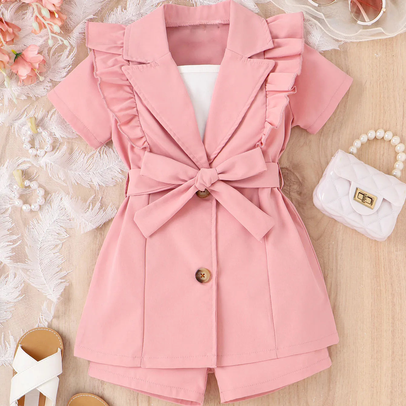 Summer Girl Suit Strap Solid Color+Short Sleeved Lapel Suit Jacket+Shorts 3Pcs Girls Outfits Korean Kids Children Clothing Sets