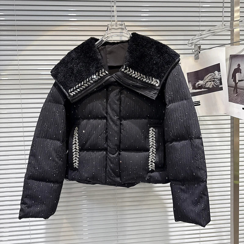 Winter New Sweet Fashion Fleece Sailor Collar Rhinestone Edge Heavy Cotton-padded Jacket For Women Warm Coat 11A07590 Black One Size