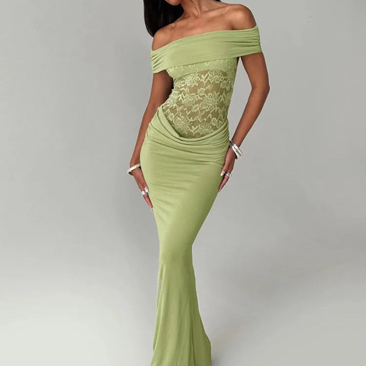 Off-shoulder Strapless Sexy Maxi Dress For Women Green Lace Sheer Sleeveless Backless Bodycon Club Party Long Dress