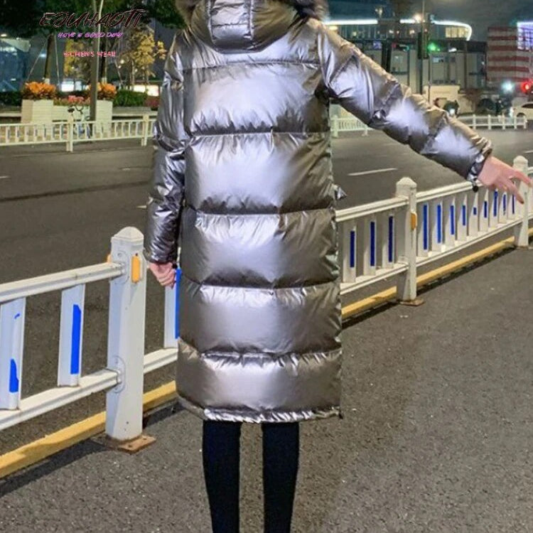 Woman Winter Parkas New Glossy Wash Free Down Cotton Jacket Below The Knees Long Style Hooded Fur Collar Thicken Women's Coat