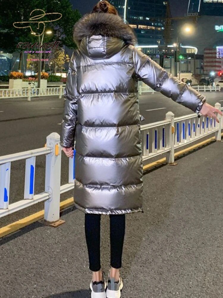 Woman Winter Parkas New Glossy Wash Free Down Cotton Jacket Below The Knees Long Style Hooded Fur Collar Thicken Women's Coat