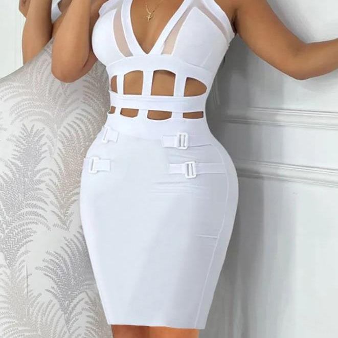 Sexy Night Out Jumpsuit for Women 2023 Summer New Sleeveless Plunge Hollow Out Halter Buckled Contraste Mesh Lady Skinny Jumpsuit