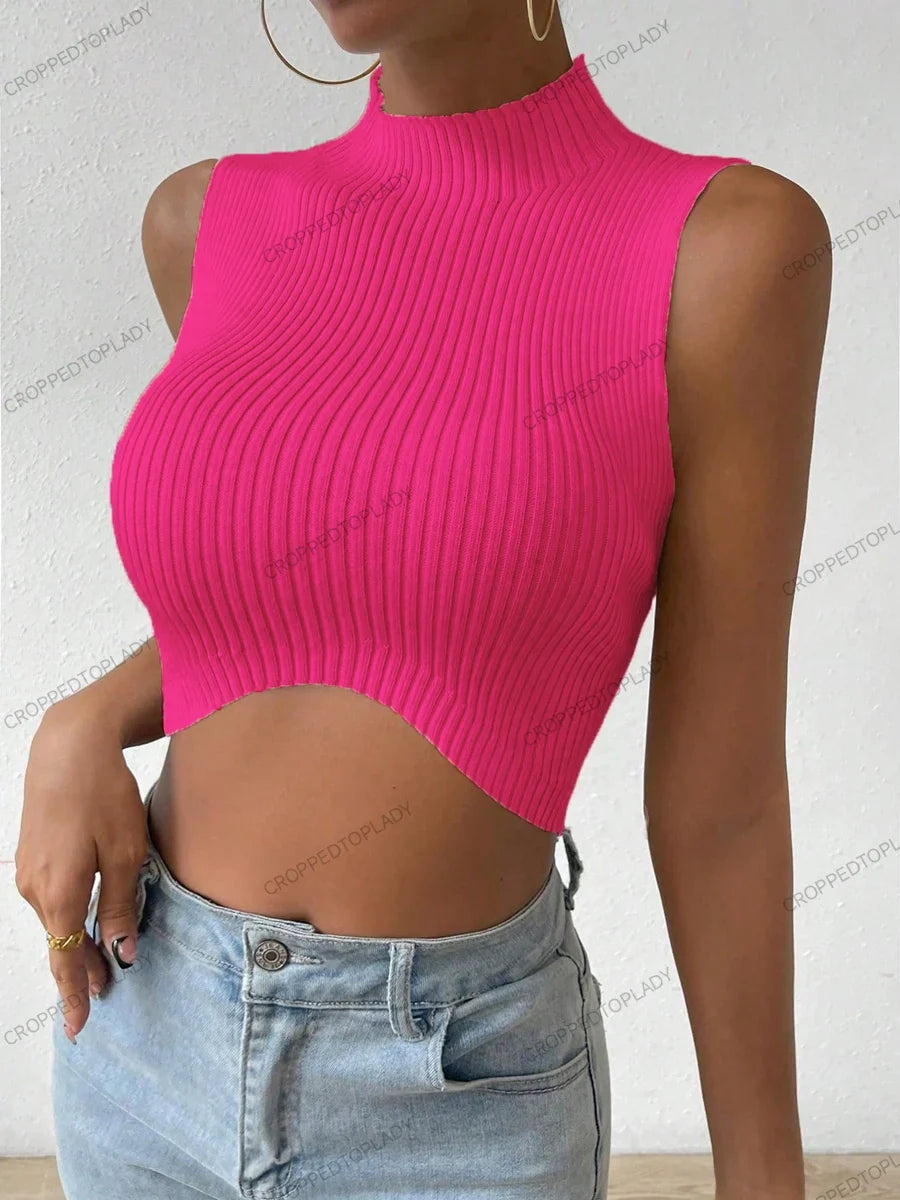 Summer Spring Women Casual Sexy Knit Sleeveless Curve Corset Mock Neck Crossfit Crop Top Femme Stretch Y2k Tank Fashion Clothes Rose Free size