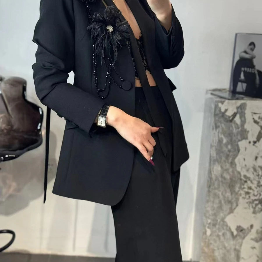 Solid Elegant Two Piece Sets for Women V Neck Long Sleeves Patchwork 3D Flower Top High Waist Pant Set Female New