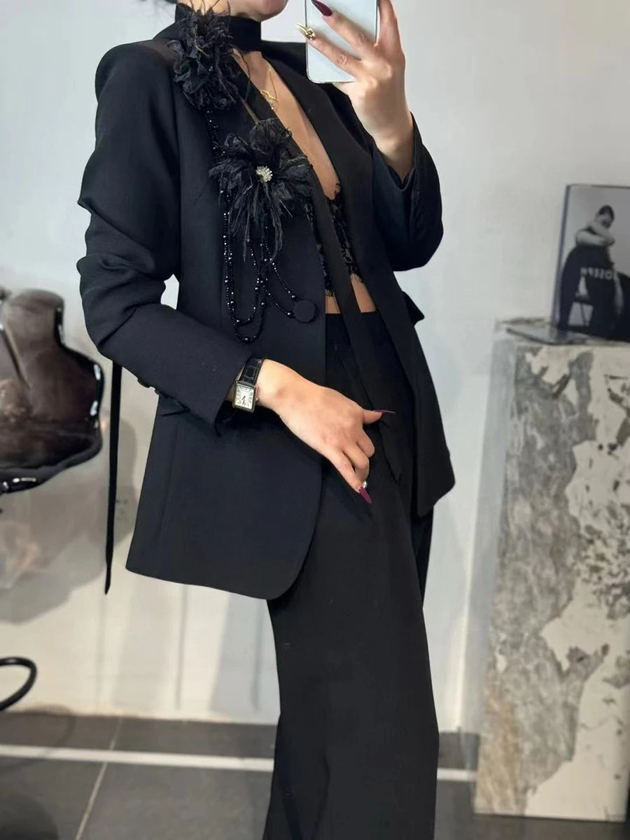 Solid Elegant Two Piece Sets for Women V Neck Long Sleeves Patchwork 3D Flower Top High Waist Pant Set Female New