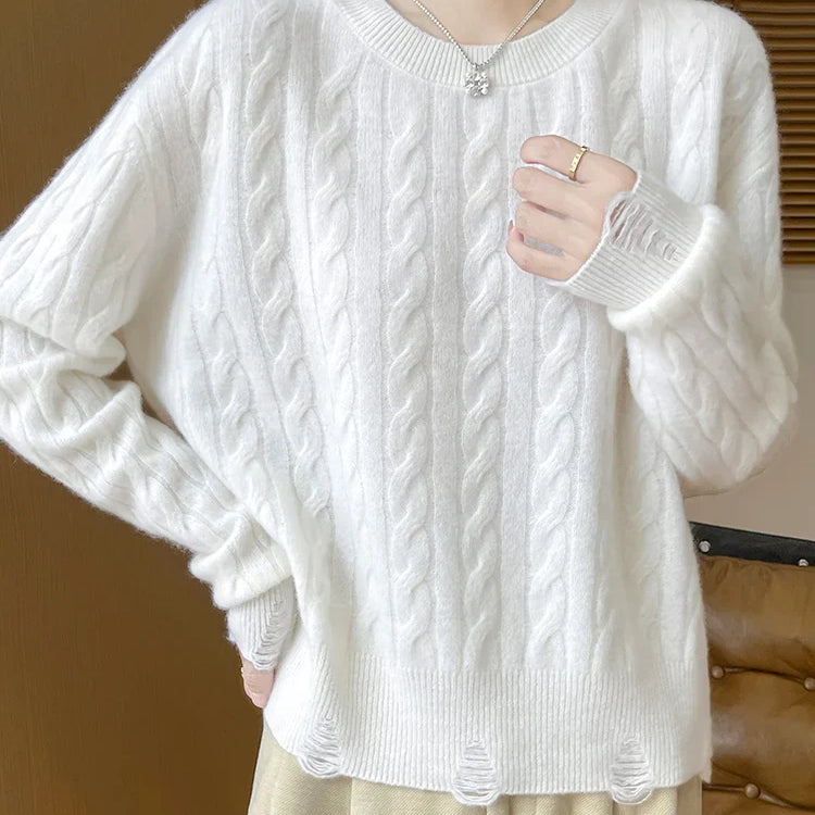 Women Cable Knit Sweater 100% Merino Wool Knitwear O-neck Preppy Style Long Sleeve Pullover Autumn Winter Cashmere Sweater Tops WHITE