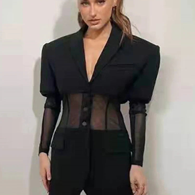 DEAT Fashion Women's Blazer New Notched Collar Patchwork See-through Mesh Single Breasted Slim Suit Jackets Autumn 17A2745