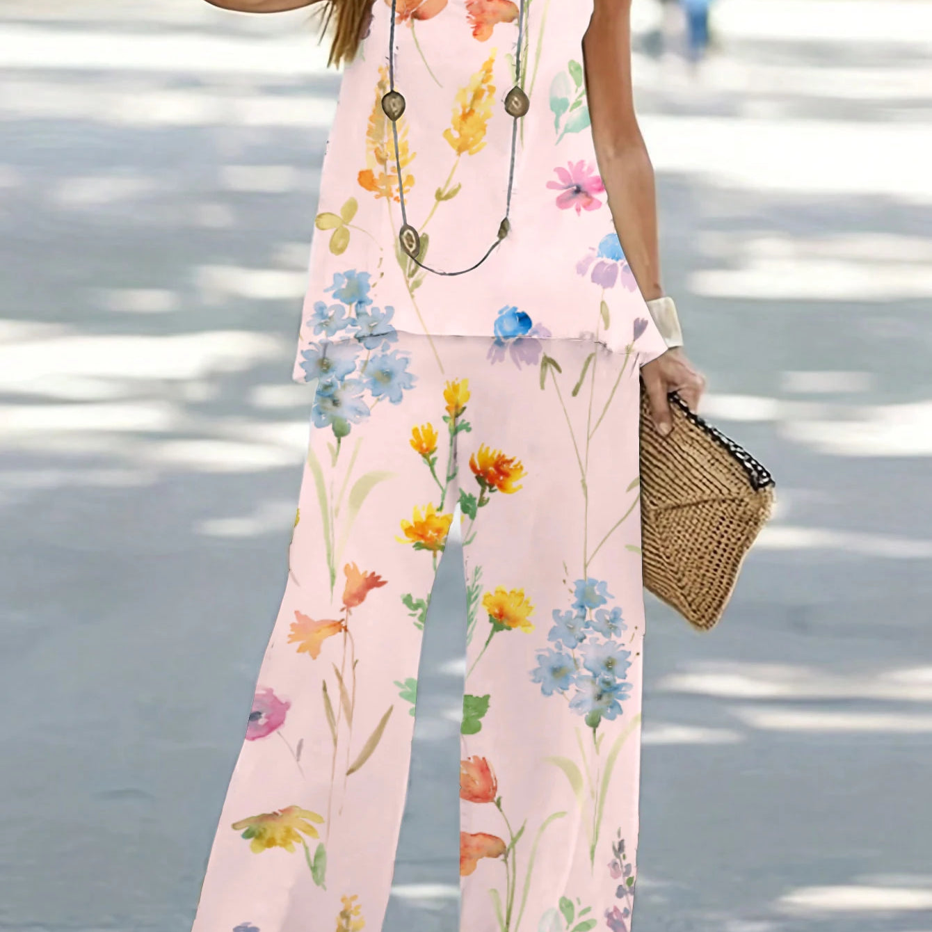 1XL-8XL Plus Size Women's Casual Outfits Two Piece Set Solid Round Neck Tank Top Wide Leg Pants Outfits 2 Piece Set Pink