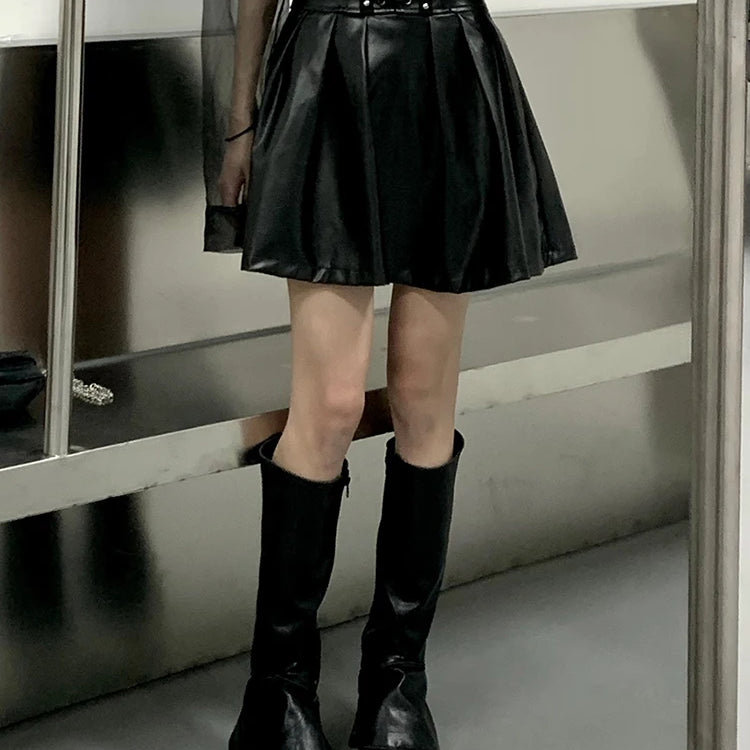 Lautaro Spring Autumn Black Soft Pu Leather Pleated Skirt Women High Waist Goth Vintage Punk Style Luxury Designer Clothes 2025 Black