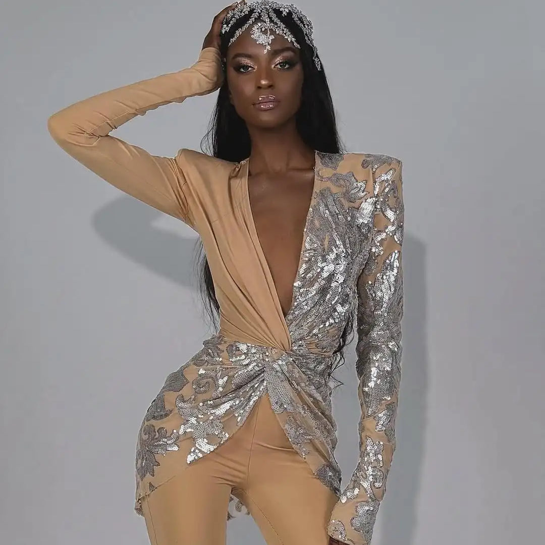 New Style Runway Fashion Khaki Color Women Long Sleeve Sexy V-Neck Sequins Bodycon Long Jumpsuit Celebrate Nightclub Party Wear Khaki