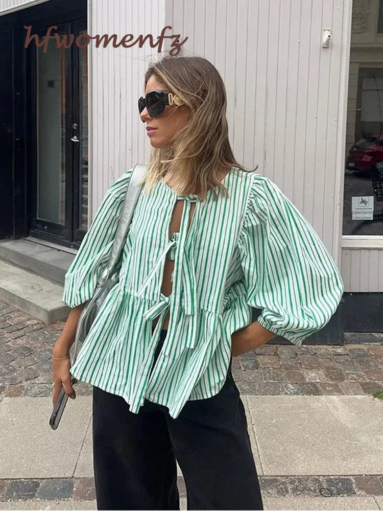 Elegant Striped Lace Up Women Shirts Chic Bow Puff Sleeve O-neck Hollow Out Female Blouses Spring Summer Casual Streetwear