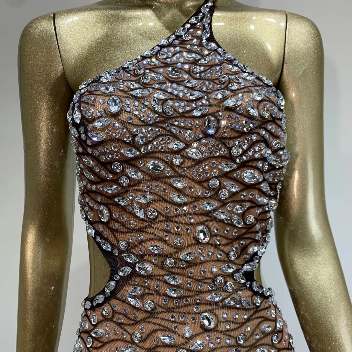 2025 Women Sexy One Shoulder Crystal Diamonds Cut Out Mini Dress Birthday Party Costume Bar Nightclub Stage Performance Outfit