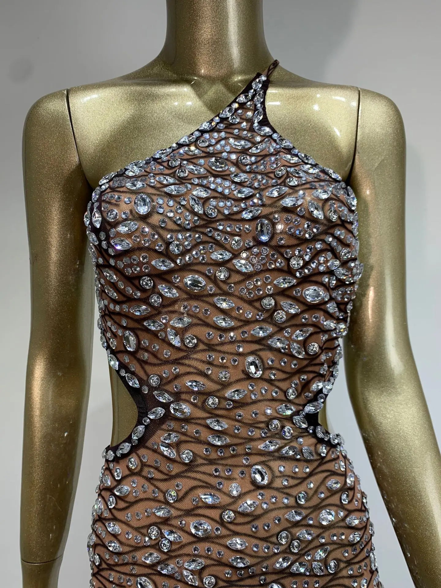 2025 Women Sexy One Shoulder Crystal Diamonds Cut Out Mini Dress Birthday Party Costume Bar Nightclub Stage Performance Outfit