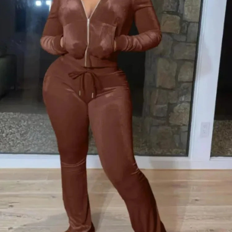 Plus Size 1XL-5XL Women Fashion Round Neck Solid Color Two Piece Set Ladies Casual Long Sleeve T-Shirt & Pants Outfit