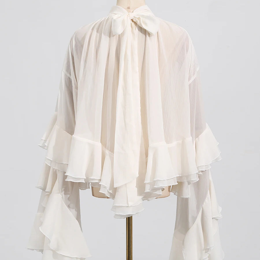 Solid Loose Sheer Blouses for Women High Neck Long Sleeves Patchwork Ruffles Folds Elegant Blouse Female Clothing