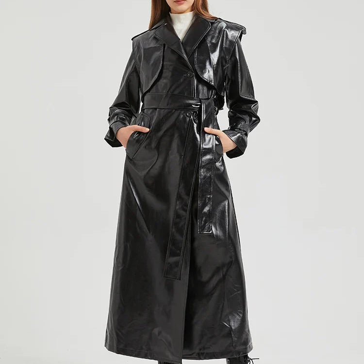 Autumn Extra Long Gold Shiny Patent Pu Leather Trench Coat for Women Single Breasted Luxury Designer Overcoat 2024