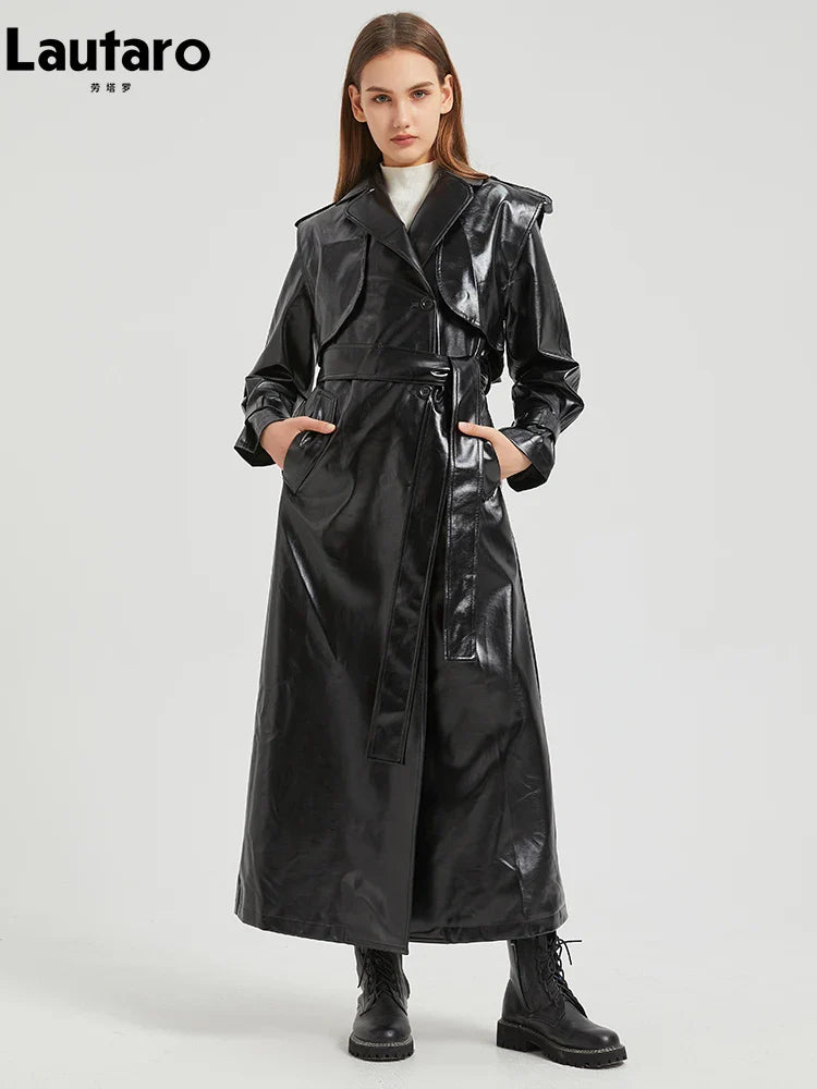 Autumn Extra Long Gold Shiny Patent Pu Leather Trench Coat for Women Single Breasted Luxury Designer Overcoat 2024