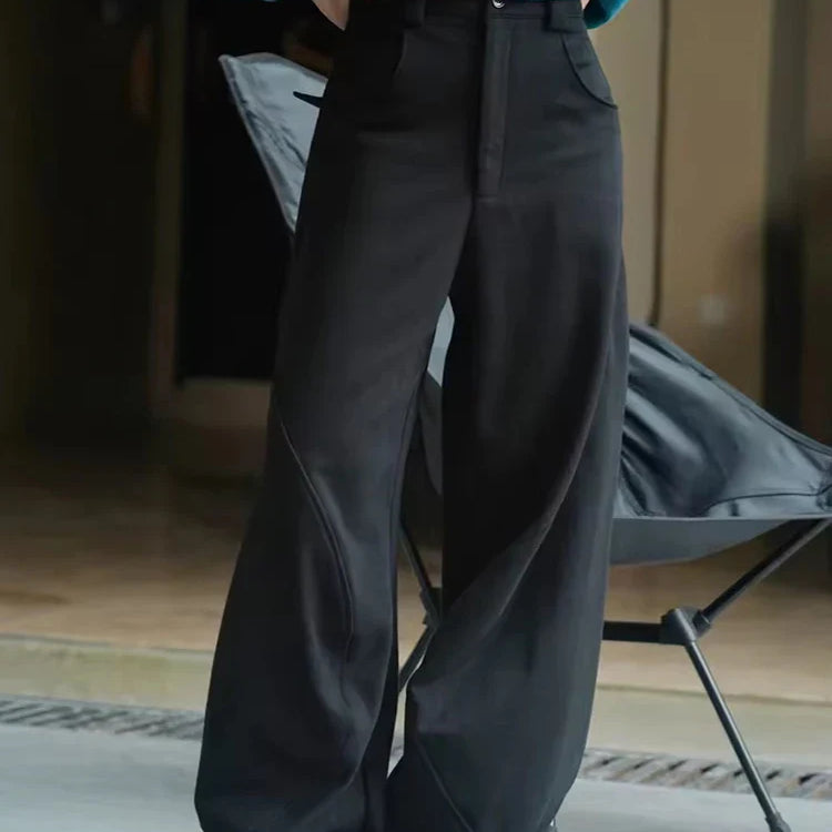 [LANMREM] Vintage Spliced Design Pants For Women High Waist Wideleg Trousers Thicking Warm Clothing Spring New 26D6432 Black