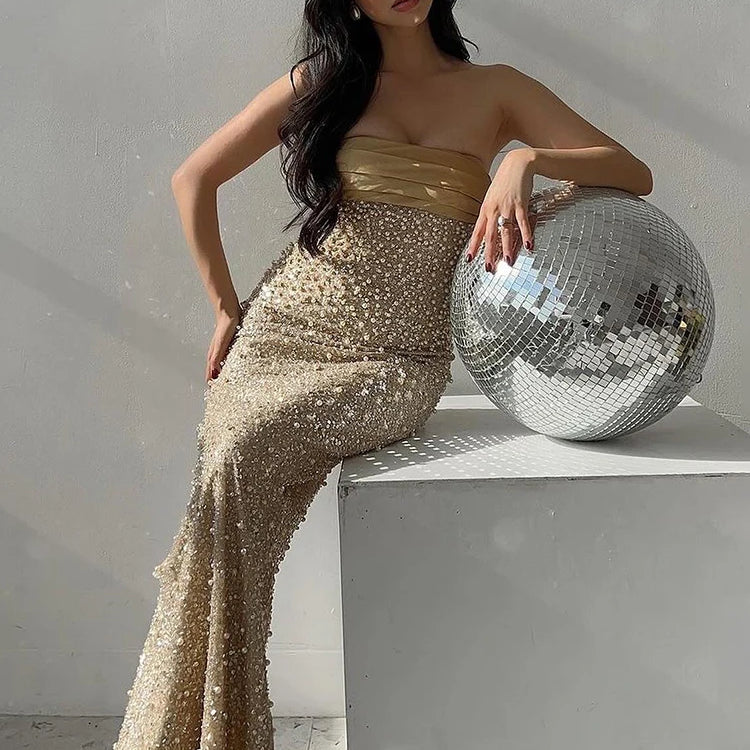 Strapless Luxurious Gold Pearls Details Women's Long Dress Beaded Elegant Slim Bodycon Evening Party Birthday Dress Vestidos