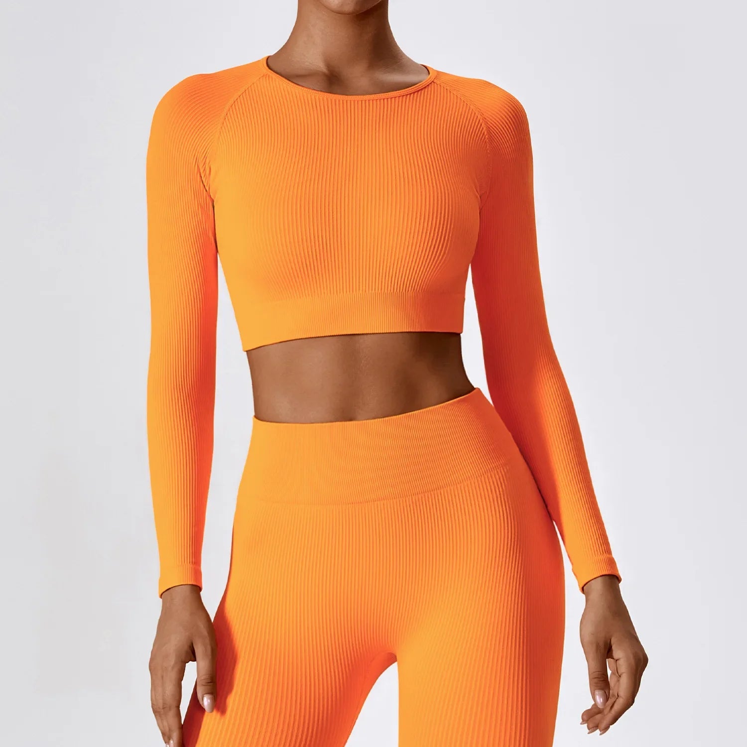 Women's Long Sleeve Top Ribbed Yoga Shirts Running T-Shirt Workout Running Fitness Gym Sports Top Training Crop Top Solidcolor orange