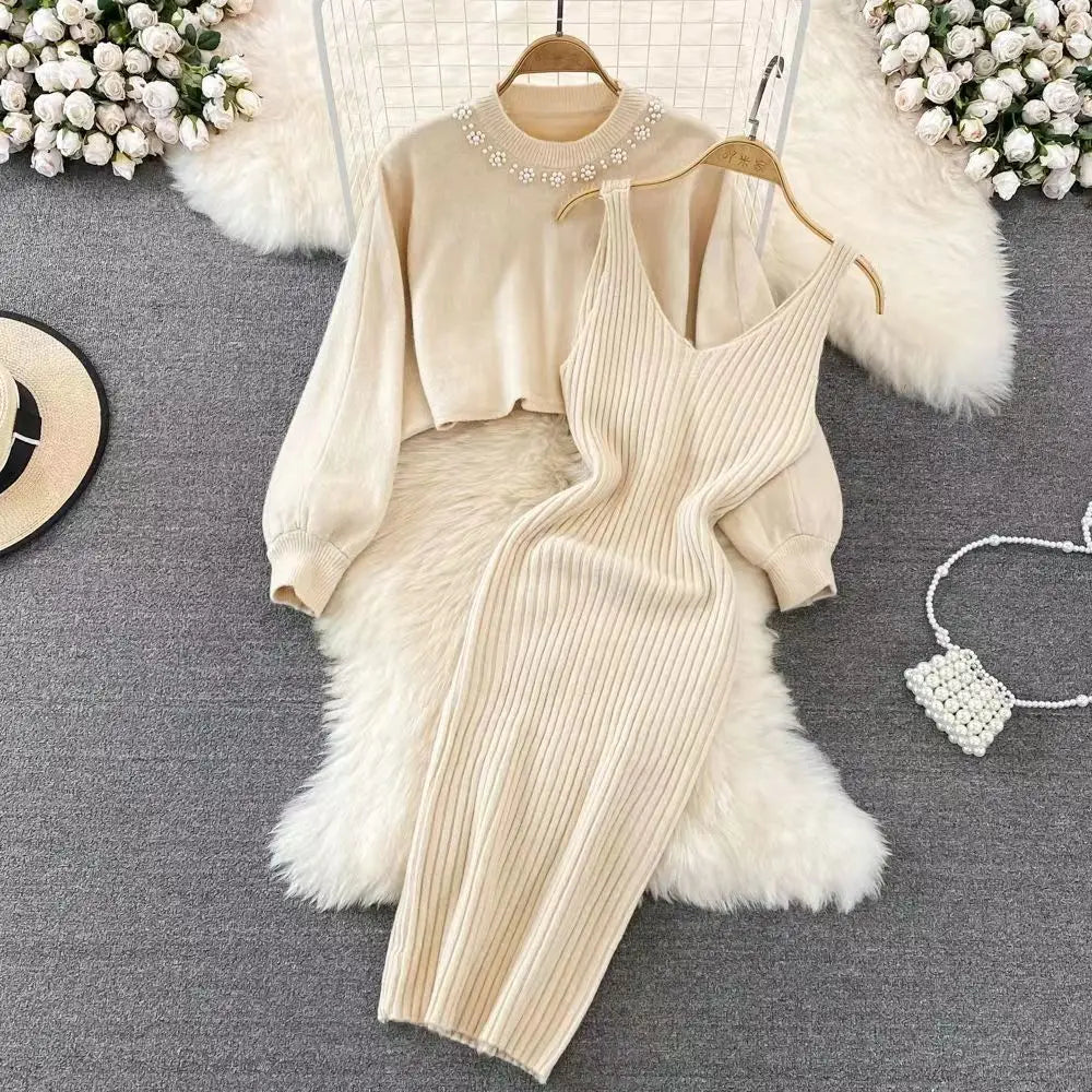 Sweater Set Casual Pullovers Suits Slip Dress For Women Slim Solid Autumn Winter Knitted Long Sleeve Elegance Elastic Sweet Beige