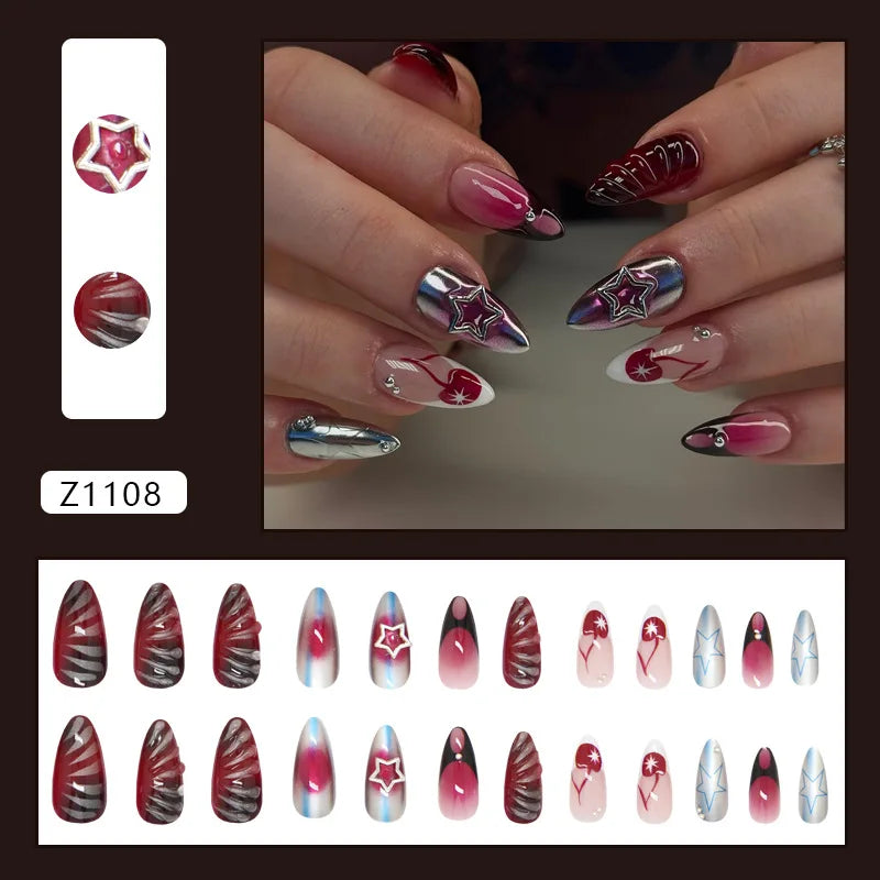 24pcs Ins Almond Press on Nails Gothic Sliver Metal Line y2k Fake Nails Detachable Wearable Sweet Cool Spicy Girl False Nails 2