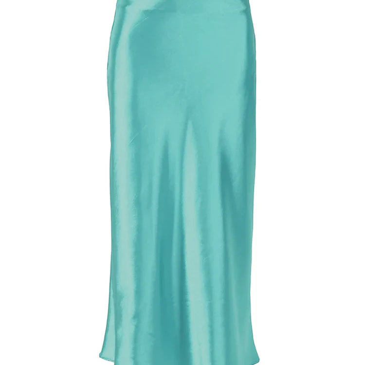 Mnealways18 Solid Purple Satin Silk Skirt Women High Waisted Summer Long Skirt New Elegant Ladies Office Skirts Midi Spring Cyan-blue