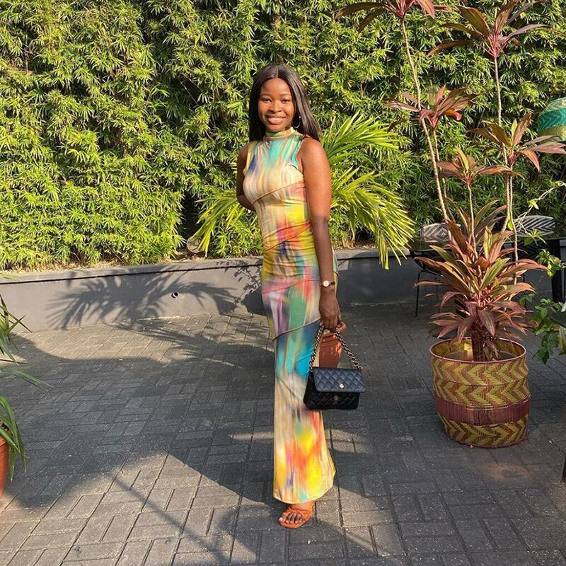 Women Halter Aesthetic Colorful Tie Dry Maxi Dress Hipster Striped Patchwork sleeveless Straight Robe Female Streetwear