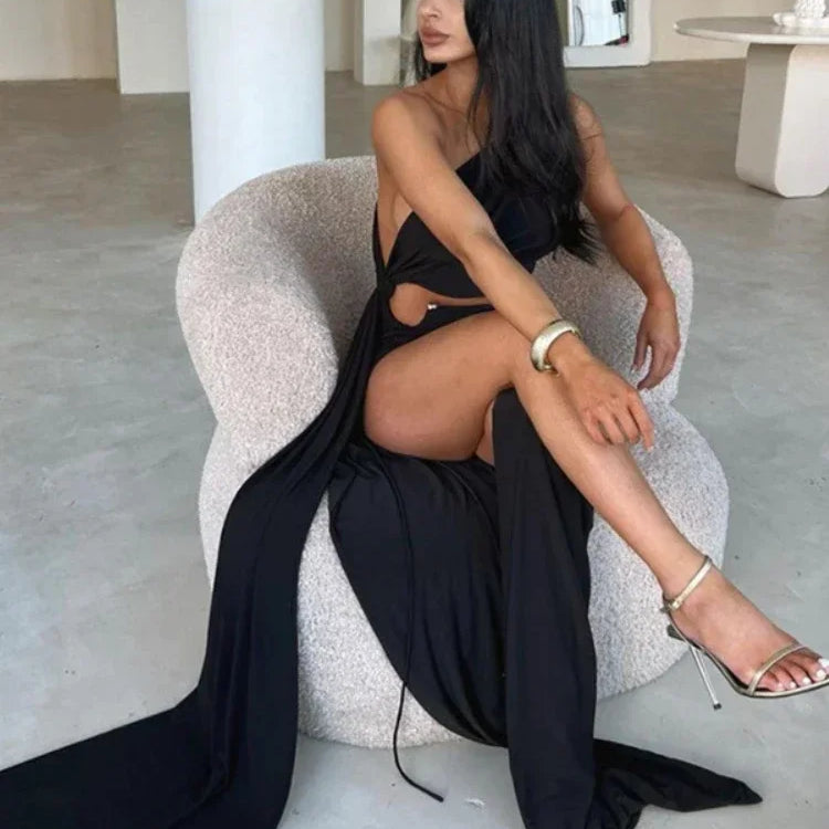 Laxsesu Elegant Luxury Party Evening Maxi Dresses for Women 2023 Hollow Out Split Bodycon Dress Floor Length Summer Sexy Dress