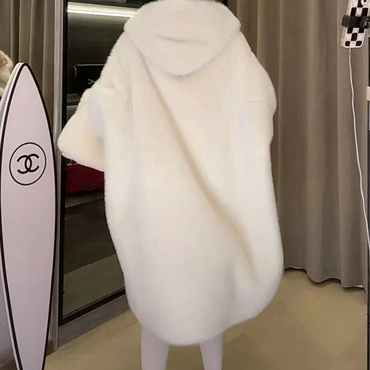 Winter Long Oversized White Thick Warm Teddy Bear Coat Women with Hood Loose Casual Korean Fashion 2023