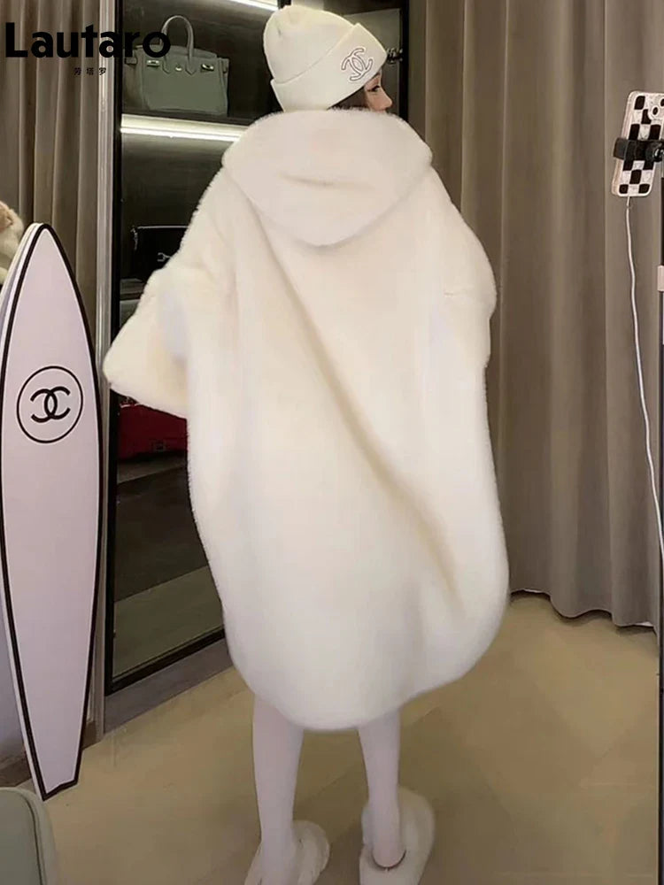 Winter Long Oversized White Thick Warm Teddy Bear Coat Women with Hood Loose Casual Korean Fashion 2023
