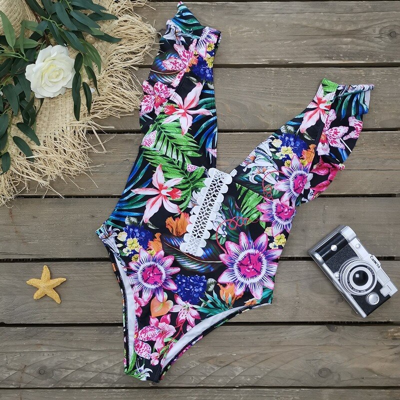 Sexy Print Swimwear Backless One Piece Swimsuit Bandage Beachwear Ruffle Bathing Suit Swim Monokini
