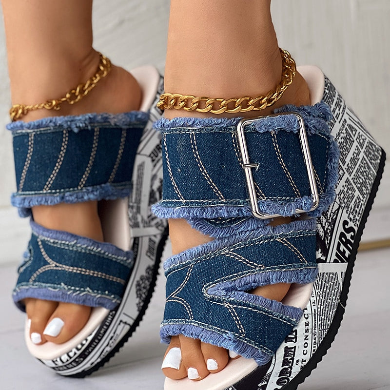Women Shoes Casual Fashion Vacation Daily Wear Summer Newspaper Buckled Denim Wedge Slippers Sandals