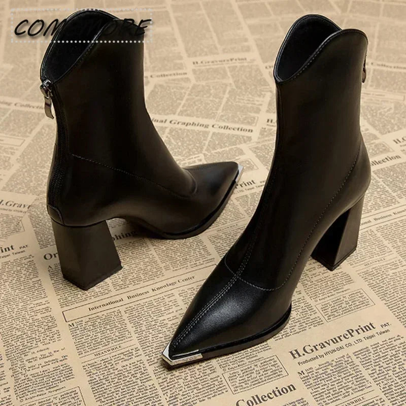 Winter High Heels Sexy Women Luxury Shoes Chunky Ankle Chelsea Boots Fashion New Pointed Toe Zipper Goth Pumps Black Brown