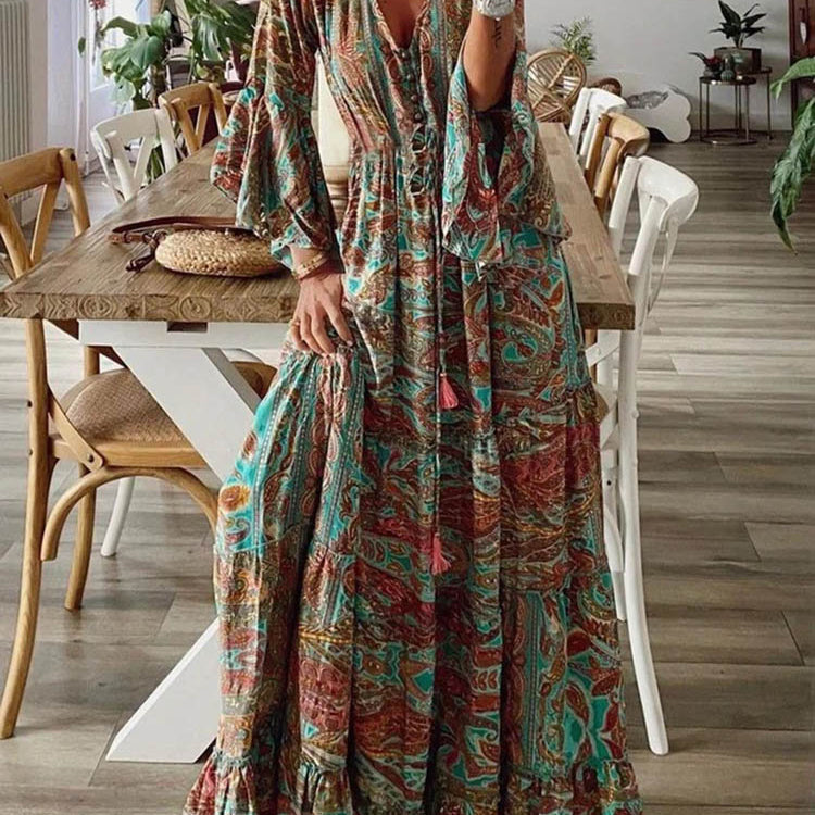 Women Vintage Print Long Dress 2024 Summer Sexy V Neck Short Sleeve A-line Dress Female Elegant Elastic Waist Maxi Dresess Robe EA08432-Orange