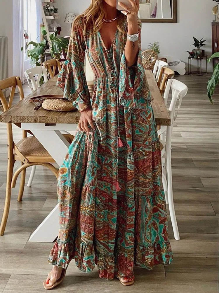 Women Vintage Print Long Dress 2024 Summer Sexy V Neck Short Sleeve A-line Dress Female Elegant Elastic Waist Maxi Dresess Robe EA08432-Orange
