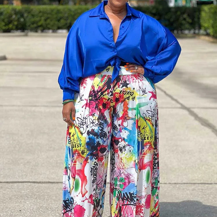 2piece Woman Outfit Streetwear Blue Silk Blouses Women Plus Size Autumn Top and Pants Suits 4xl Casual Female Pants Sets