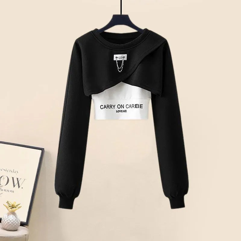 Women's Tracksuit Suit 2024 Spring Autumn New in Matching Sets Korean Fashion Short Sweater+Sport Sling+Trousers Three Piece Set Black Set