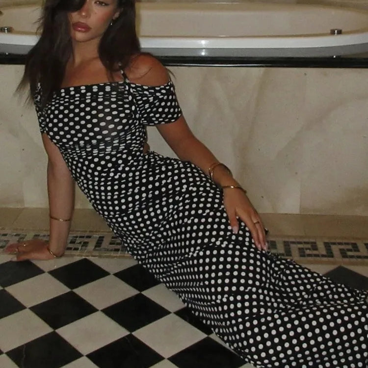 Mozision Off-shoulder Polka Dot Maxi Dress For Women Gown Fashion Halter Sleeveless Backless bodycon Split Long Dress Elegant