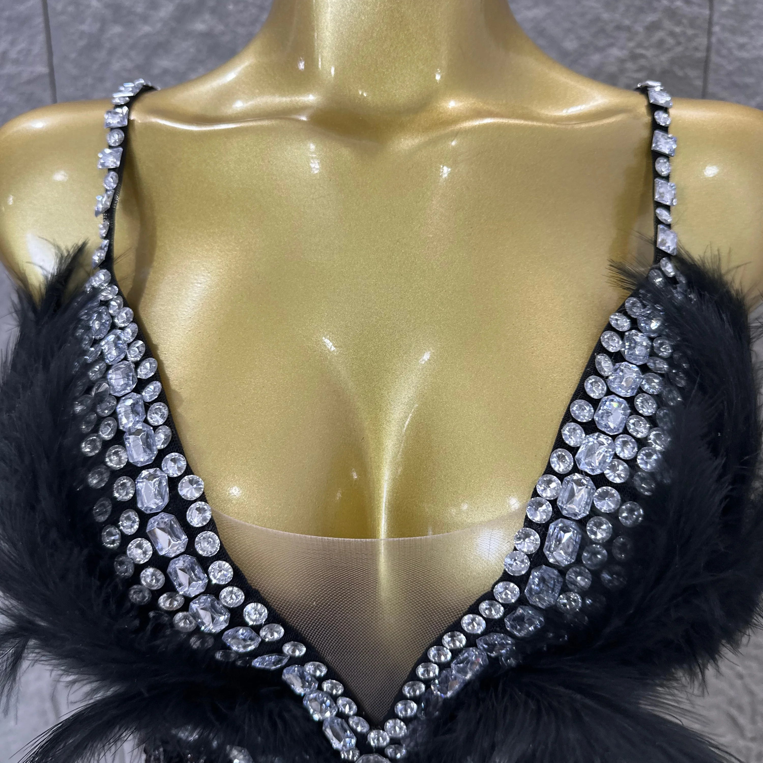 Luxurious Sheer Mesh Bodysuit Women Sexy Crystal Embellished Feather Fringe Trim Spaghetti Strap Outfit Stage Performance Outfit