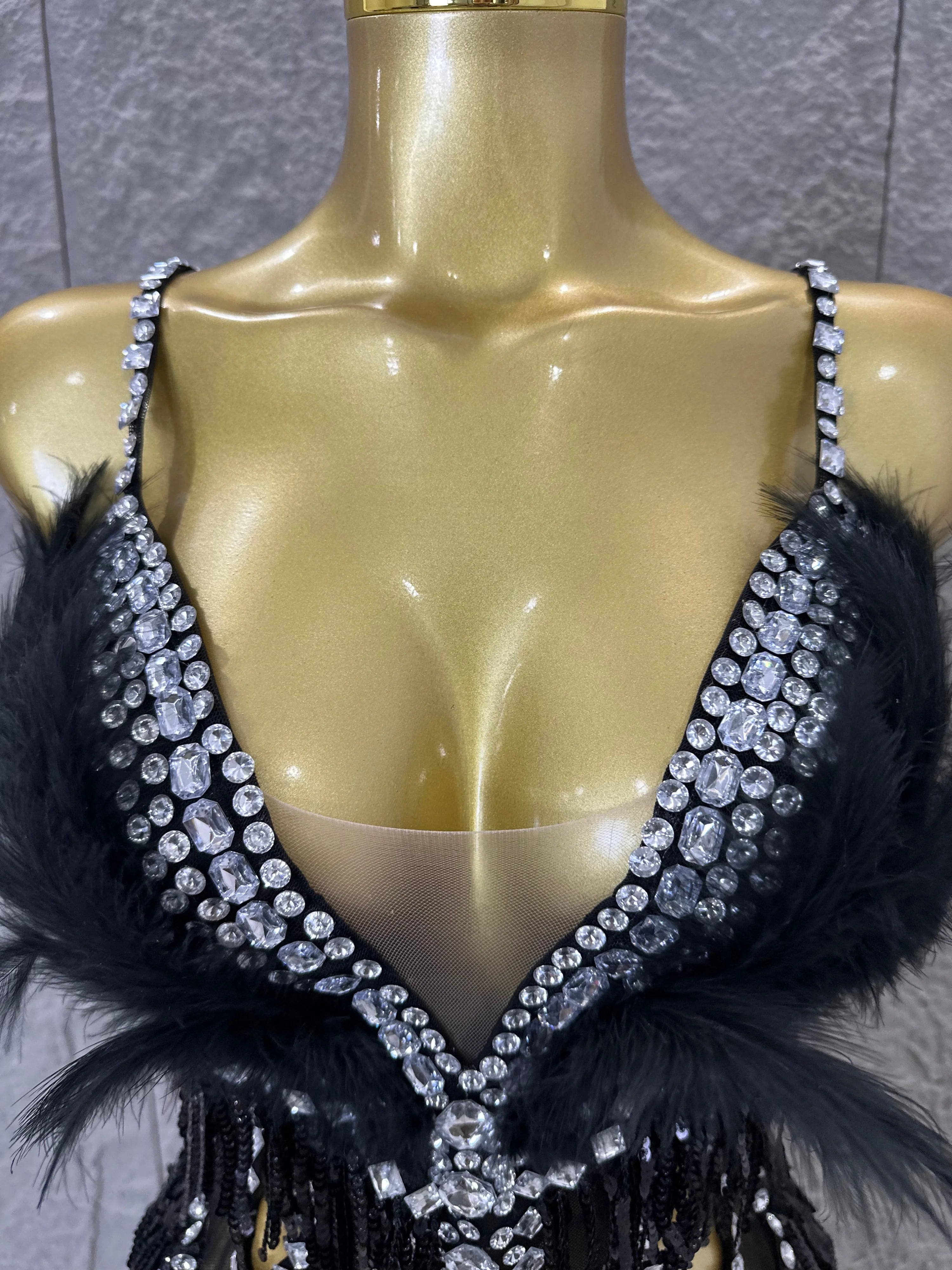 Luxurious Sheer Mesh Bodysuit Women Sexy Crystal Embellished Feather Fringe Trim Spaghetti Strap Outfit Stage Performance Outfit