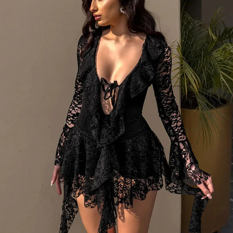 Lace Ruffled Sexy Mini Dress For Women Robe Deep V Neck Flare Long Sleeve Draped A-line Club Party Dress Vestido Black